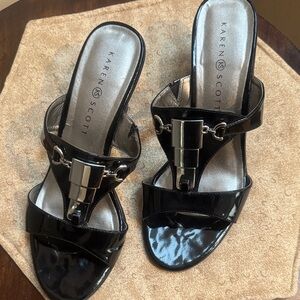 Karen Scott Black Patent Mid-Heel Slide Sandals with Silver Hardware